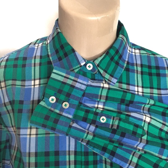 TALBOTS Button Down Shirt Cotton Long Sleeve Plaid Blue White Green Size MP - Picture 7 of 11
